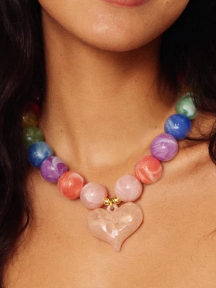 Anthropologie Multicolor Bead Necklace With Pink Heart Pendant
